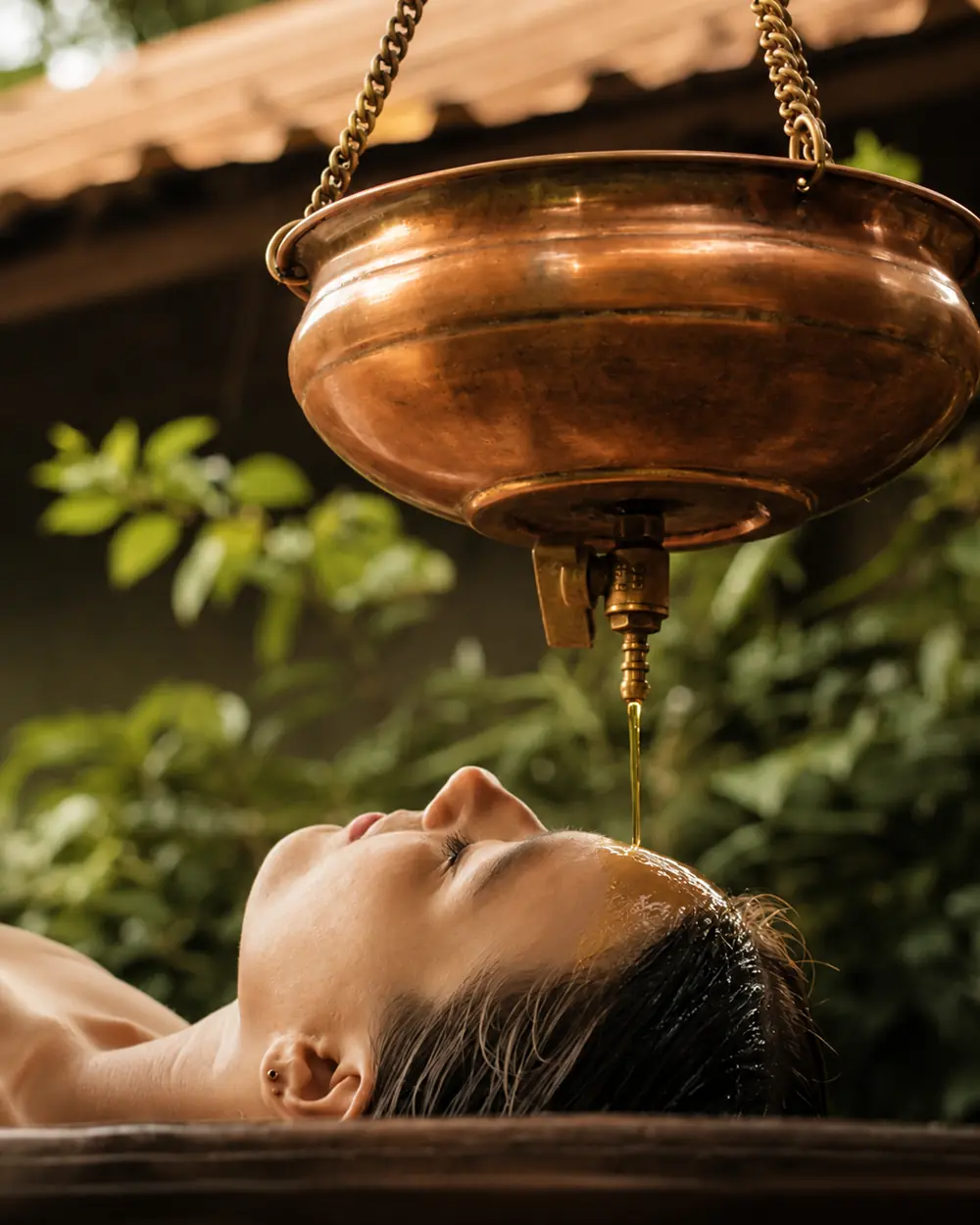 Tratamiento ayurvédico Shirodhara con aceite templado